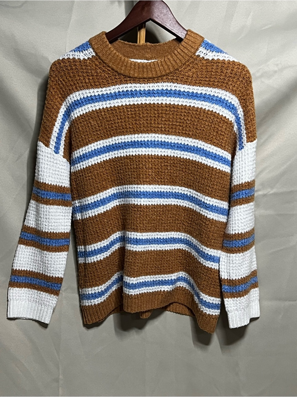 American Eagle Outfitters Brown, White & Blue Striped Crewneck Sweater